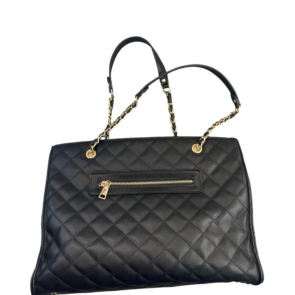 Black Quilted Chain Strap Tote Large Shoulder Bag Work Travel